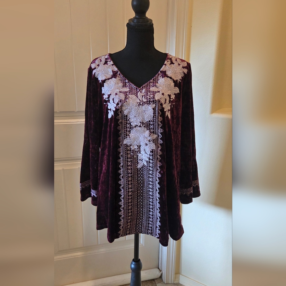 Coin Gypsy Embroidered Velvet Tunic, Size L